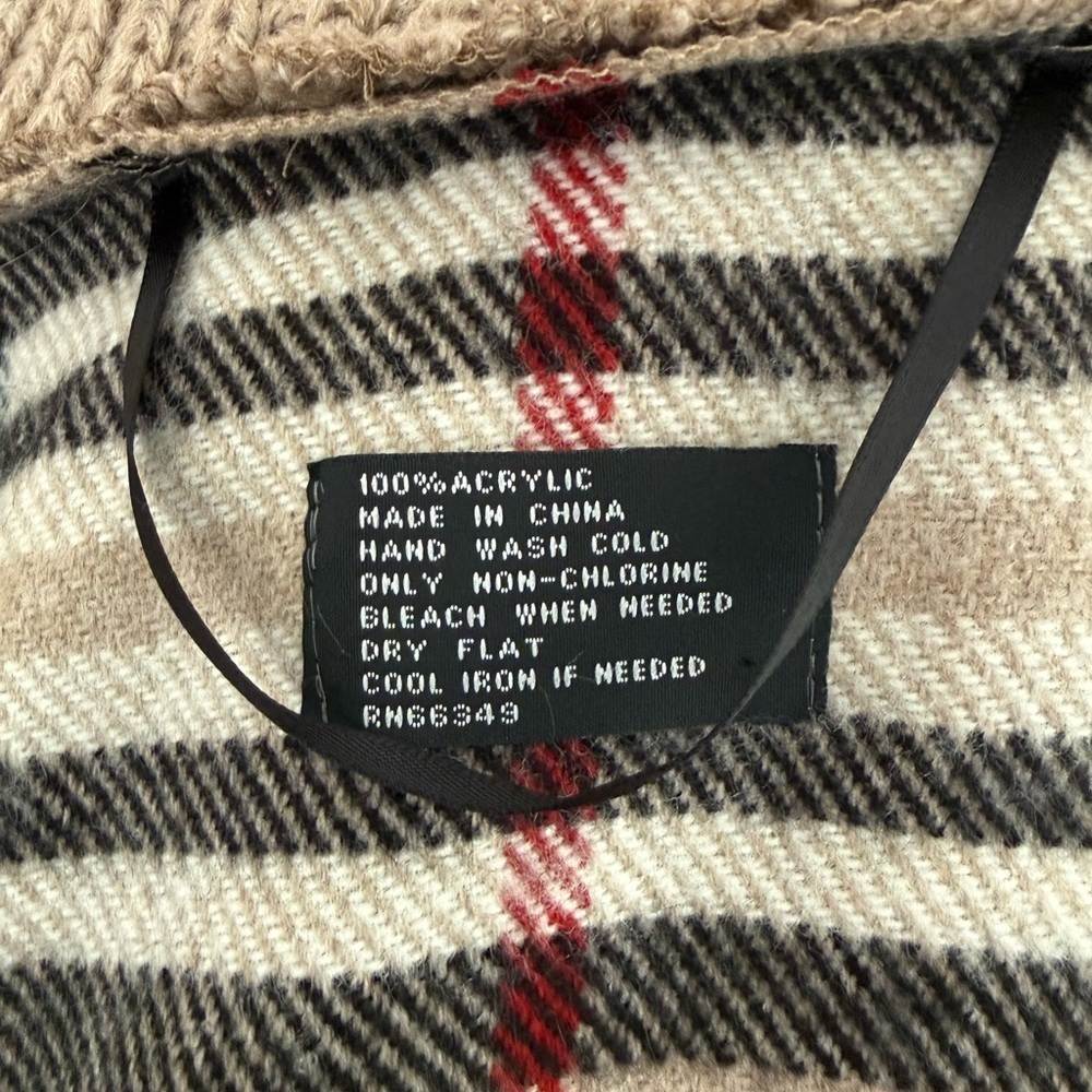 Plaid Beige and Red Cowl Neck Poncho - Picture 3 of 8